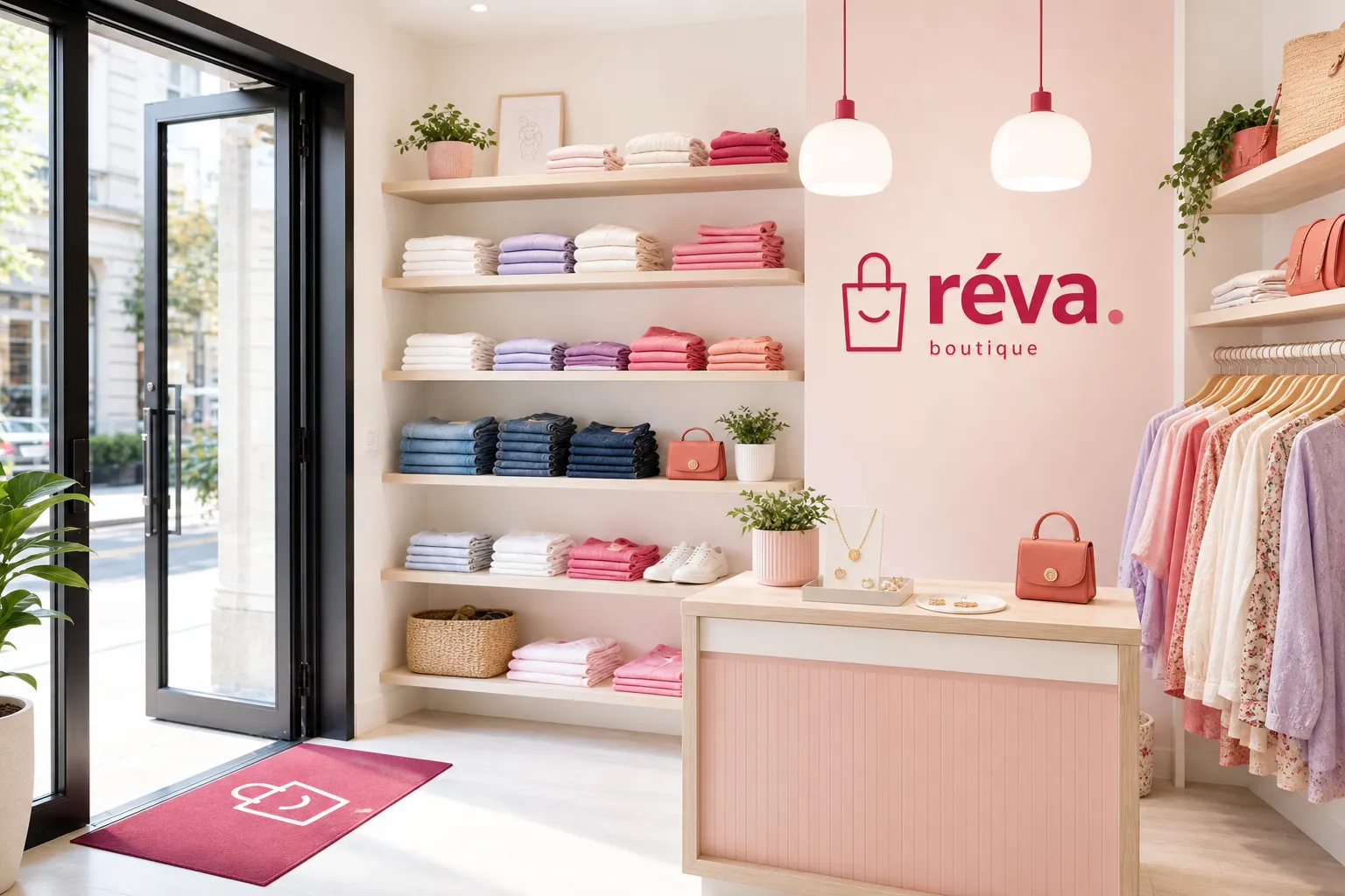 Concepto de tienda Réva en blanco, rosa suave y frambuesa
